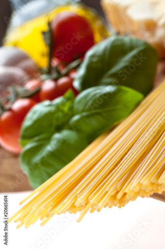 Arrangement of the basic ingredients for italian spaghetti.
