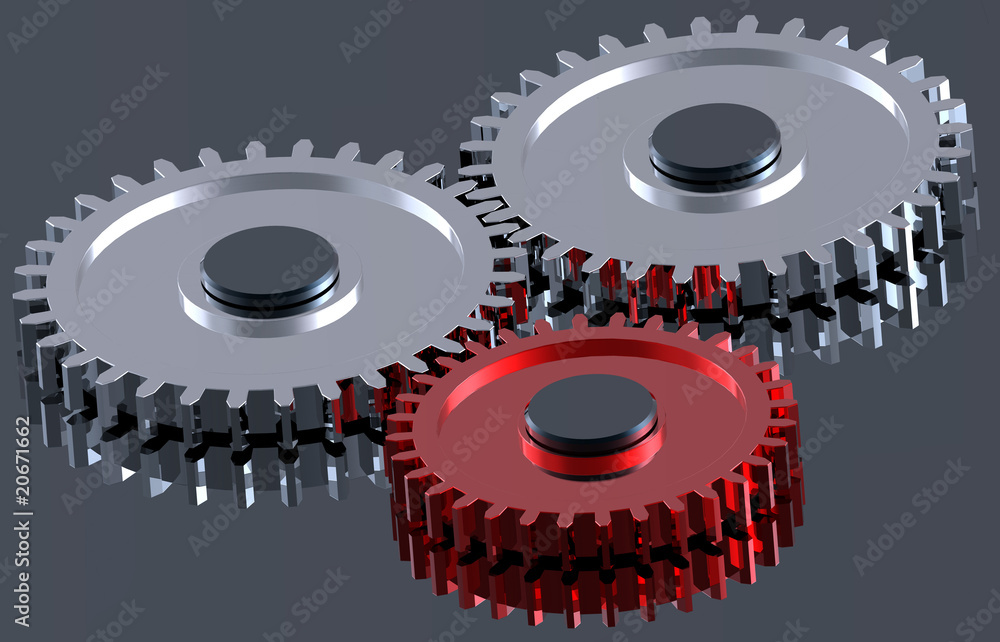 Two steel gears in connection with red one Two steel gears in connection with red one