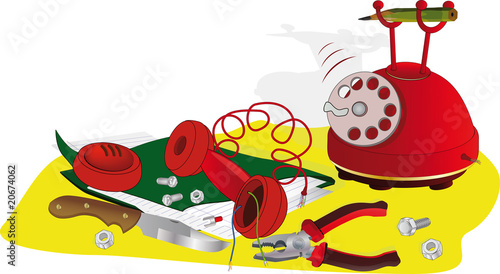 Red broken phone and notebook