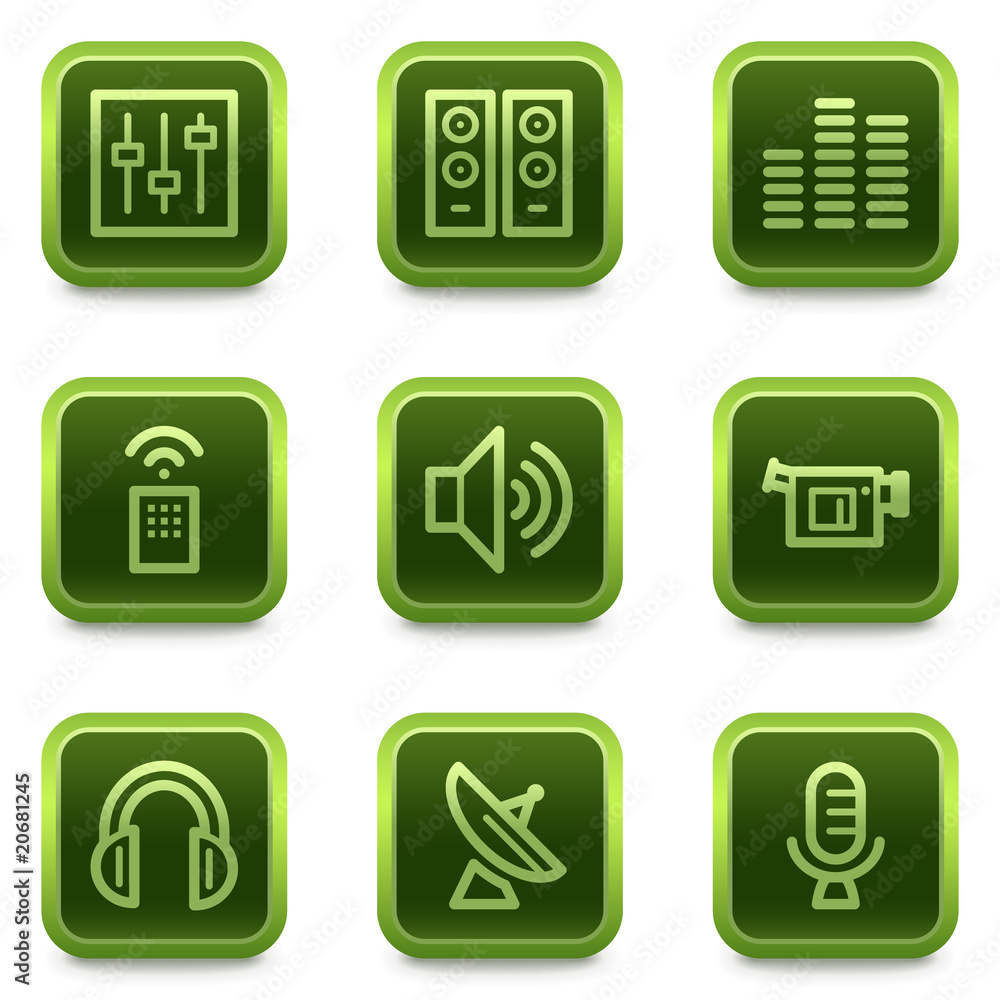 Media web icons, green square buttons series Media web icons, green square buttons series