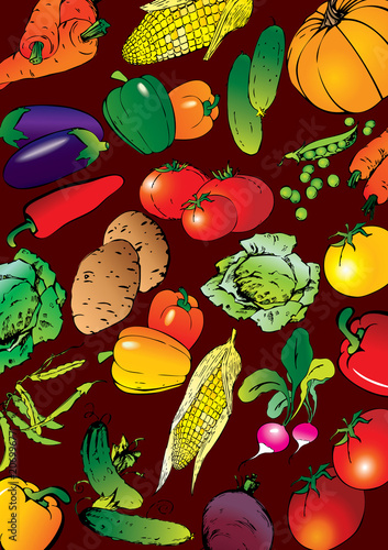 Fototapeta Naklejka Na Ścianę i Meble -  Collection of different vegetables on a red background.