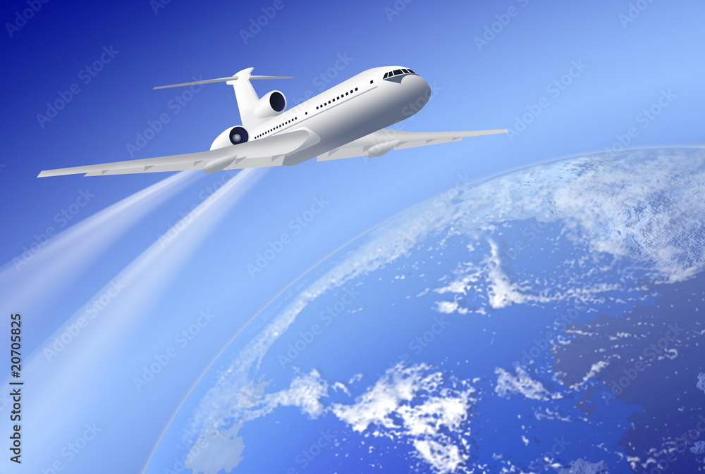 Fototapeta premium airplane over earth on blue background