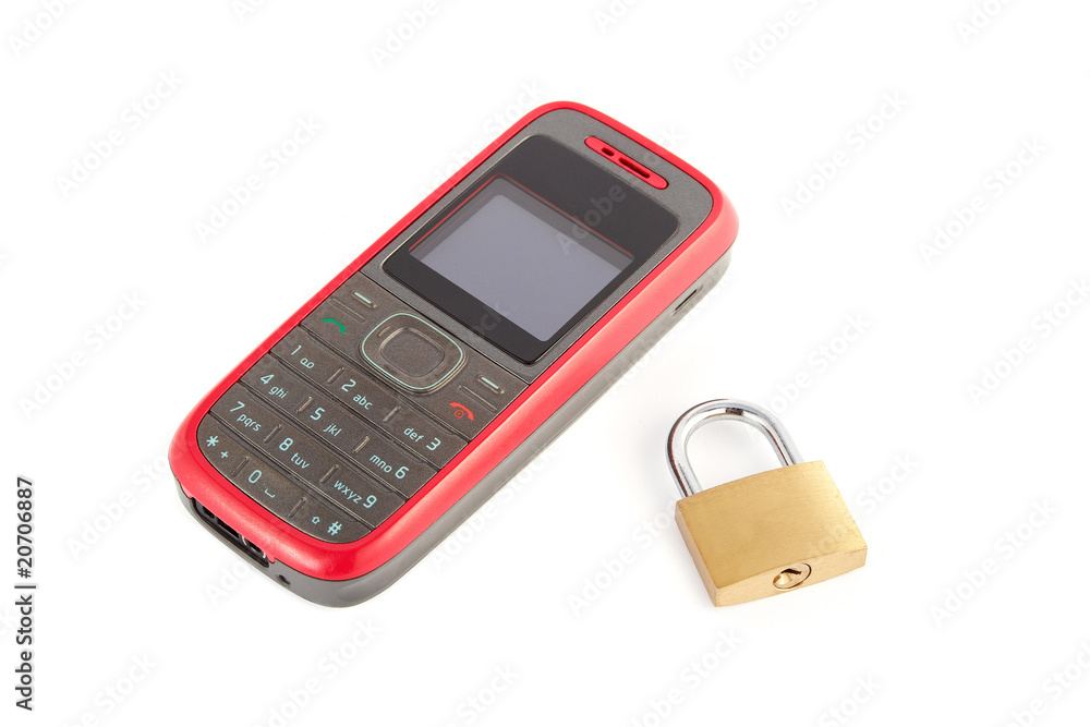 Mobile phone with a lock on a white background Mobile phone with a lock on a white background