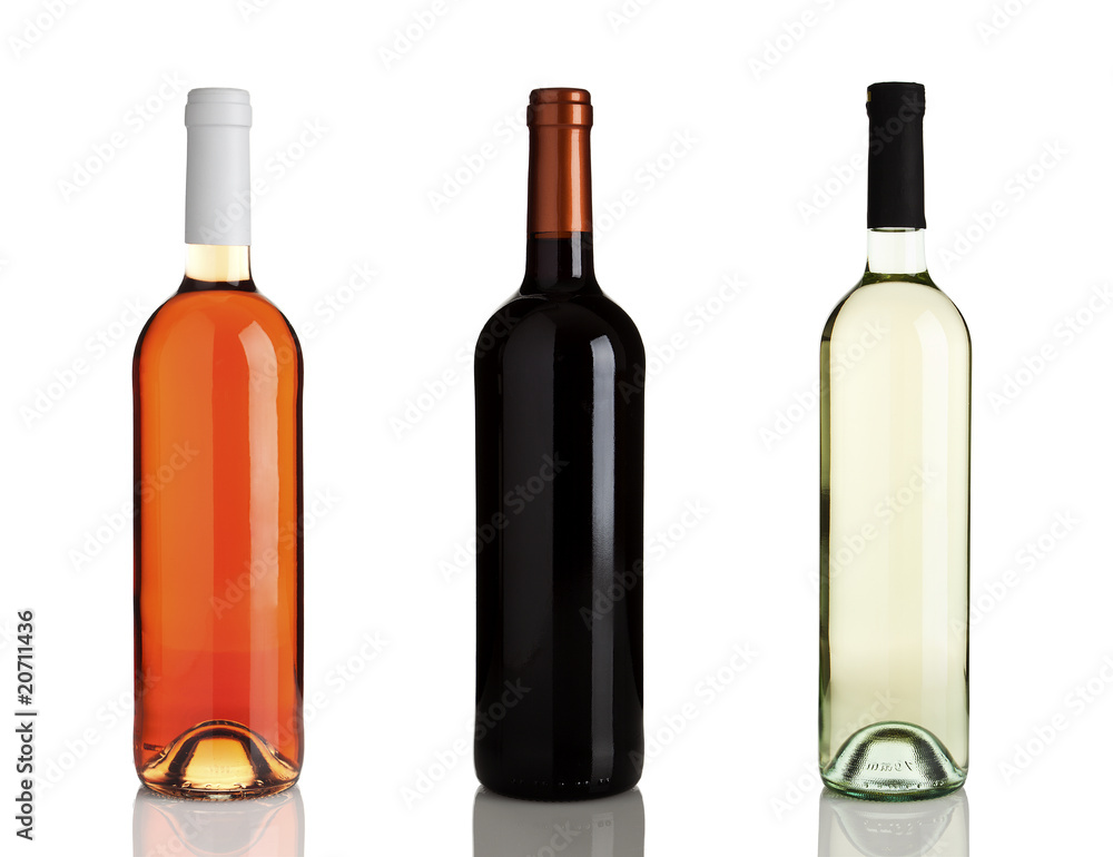 flaschen rotwein, roséwein, weißwein ohne etiketten