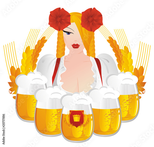The beautiful girl in the national German dress with beer mugs