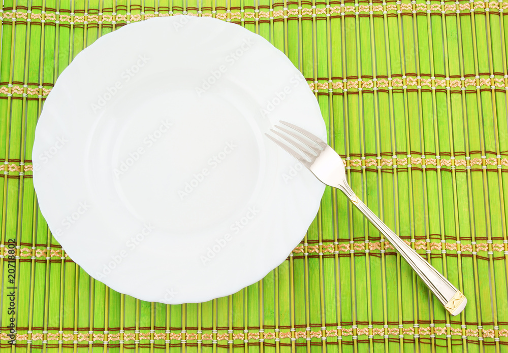 White plate and fork on green background