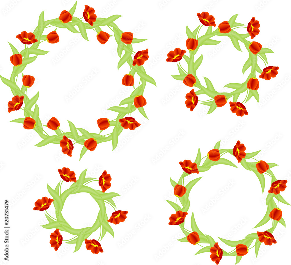 Ornate red tulips shape up circle isolated on blue background Ornate red tulips shape up circle isolated on blue background