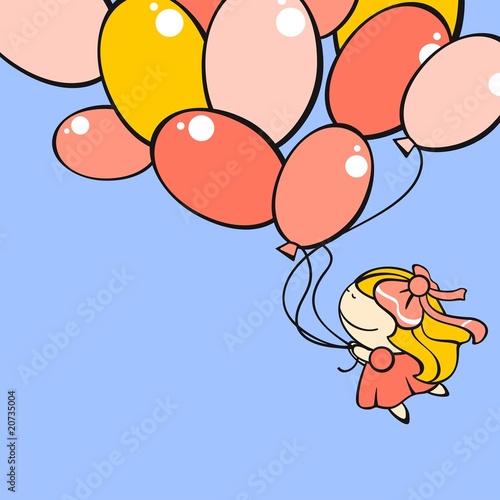 Funny card with a cute little girl flying with the balloons