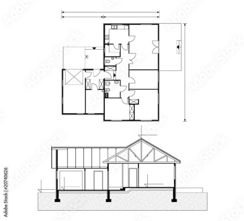 project of house in black-and-white color. house for one family