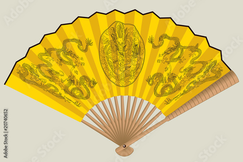 Vector illustration of ancient yellow chinese fan with dragons