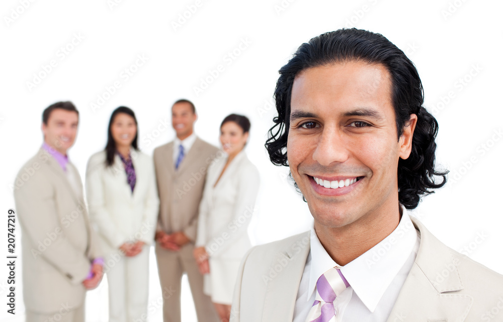 Portrait of latin businessman smiling with his team Portrait of latin businessman smiling with his team