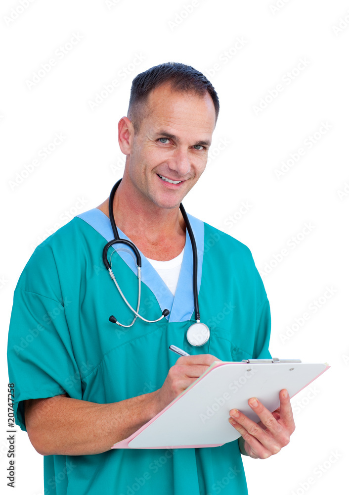 Portrait a charismatic male doctor writing notes Portrait a charismatic male doctor writing notes