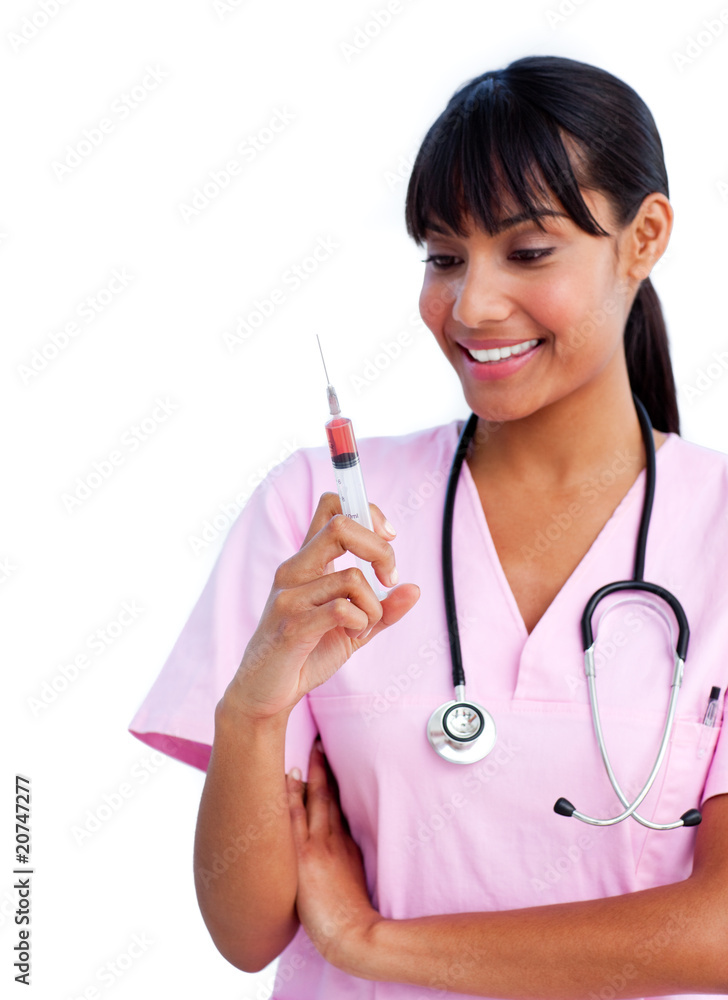 Portrait of an afro-american female doctor holding a syringe Portrait of an afro-american female doctor holding a syringe