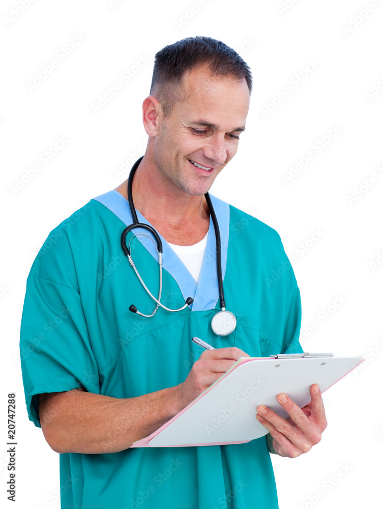 Portrait a handsome male doctor writing notes Portrait a handsome male doctor writing notes