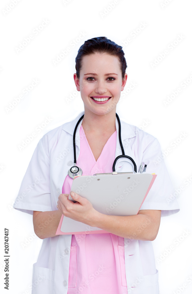 Portrait a positive female doctor writing notes Portrait a positive female doctor writing notes