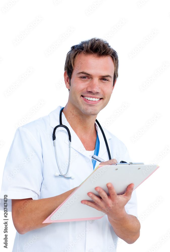 Portrait a charming male doctor writing notes Portrait a charming male doctor writing notes