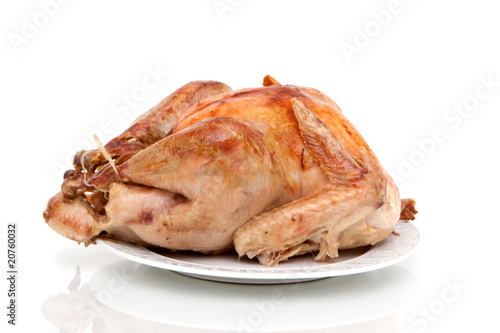 Whole roasted turkey on white background
