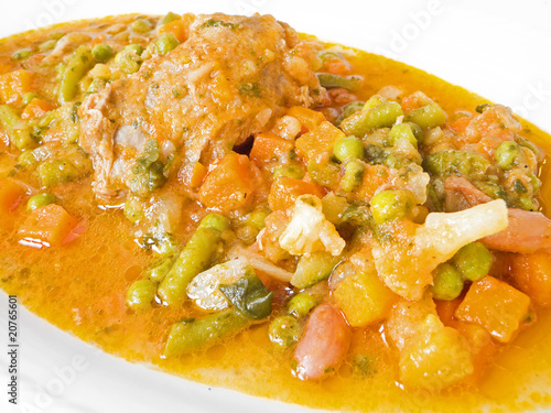 Meat roulade with vegetable soup on white dish.