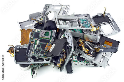 Broken mass digital cameras on a garbage dump