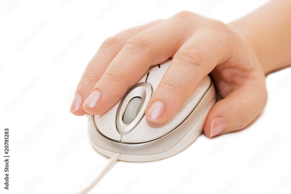 Hand with a computer mouse isolated on white Hand with a computer mouse isolated on white