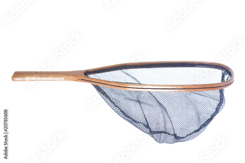 Handmade wooden flyfishing net isolated on white background