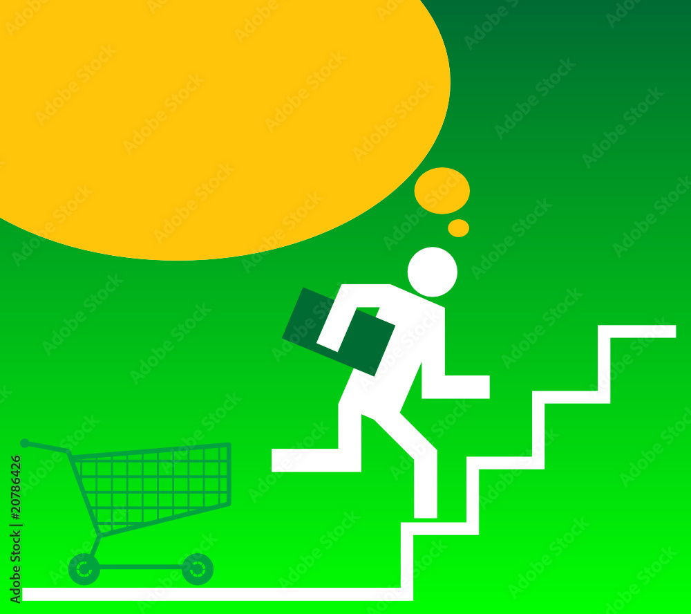 A symbol person climbs up a stairs, shopping concept A symbol person climbs up a stairs, shopping concept