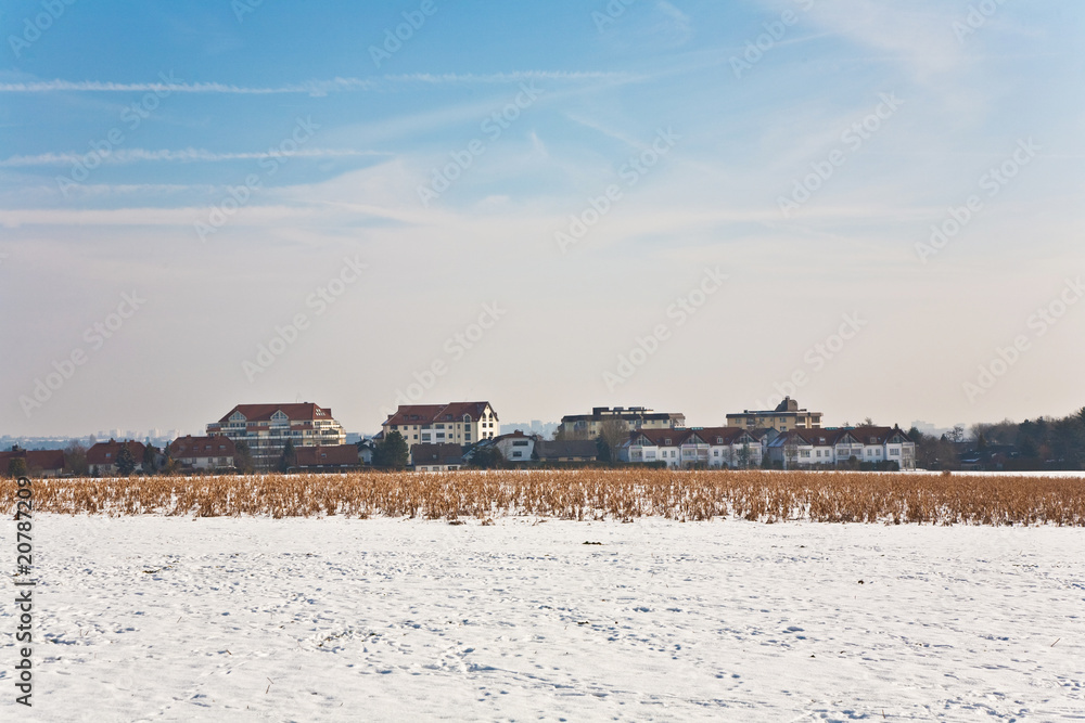beautiful landscape with water tower and housing area in winter