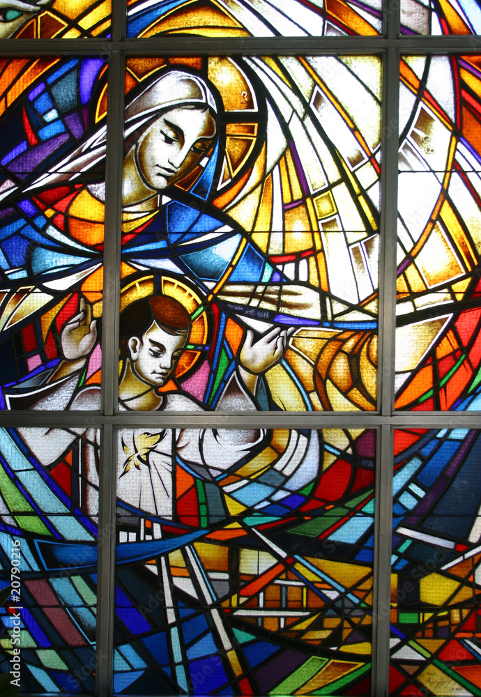 Virgin Mary with child Jesus, stained glass