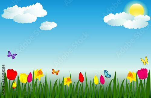 Spring scene with flowers and butterflies