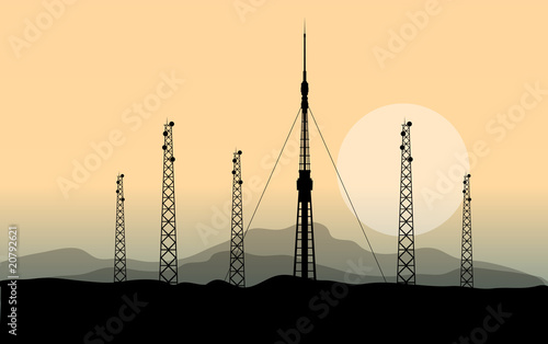 radio antennas area at sunset