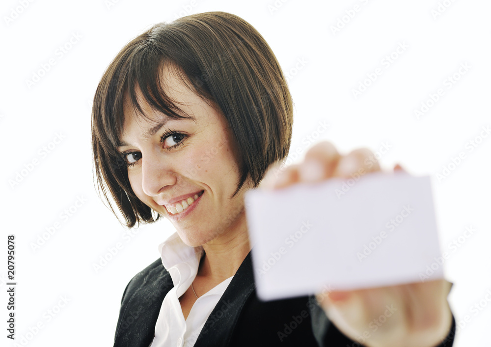 young business woman displaying empty business card young business woman displaying empty business card