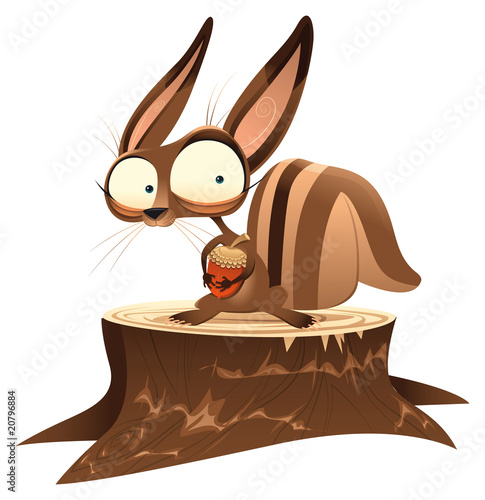 Squirrel on trunk, funny cartoon character.