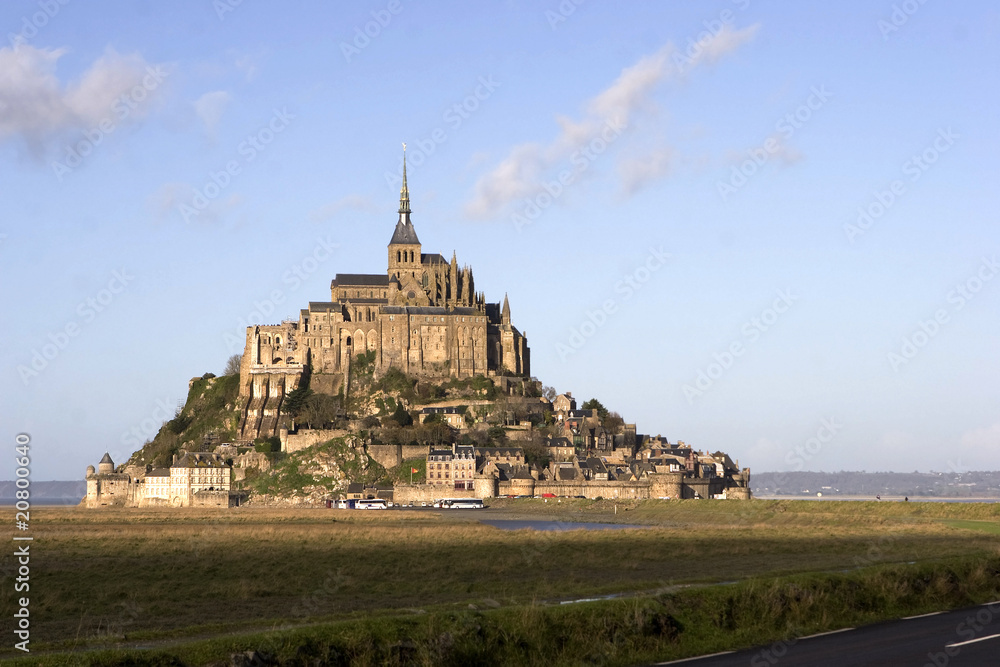 Mount Saint-Michel Abbey on rocky island coast of France