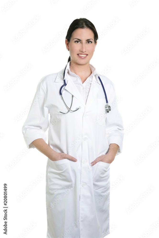 Brunette beautiful woman doctor isolated on white Brunette beautiful woman doctor isolated on white