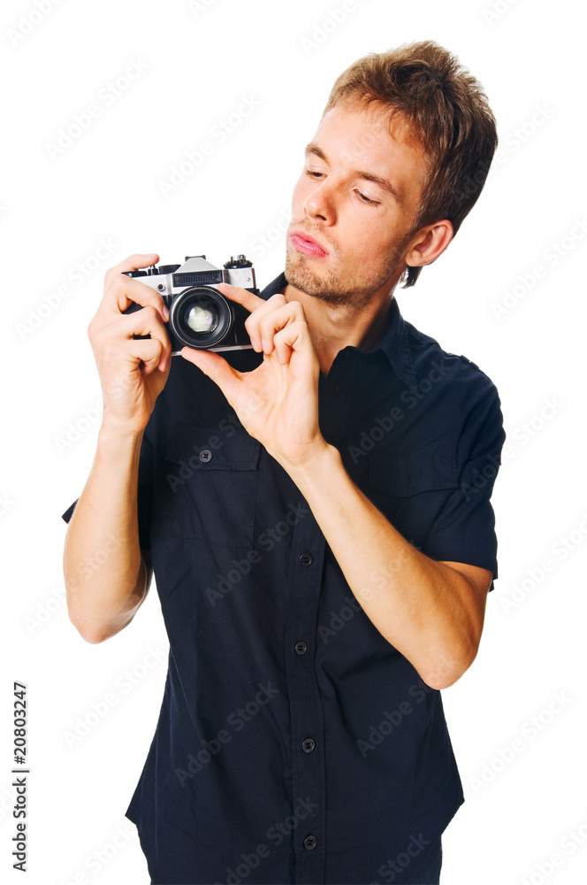 Young man with camera on white Young man with camera on white
