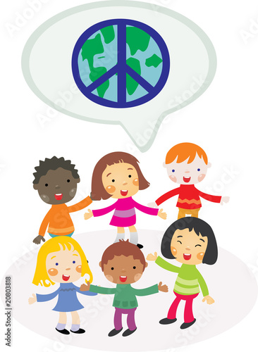Grupo de niños multicultural solicitando paz mundial