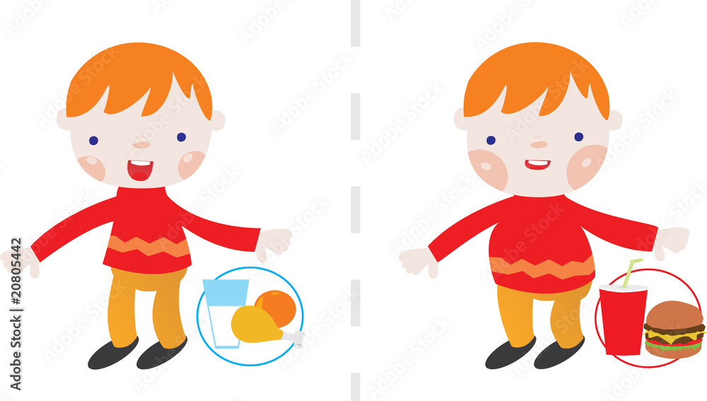 Efectos de una buena y mala alimentación en los niños. Imagen conceptual de  alimentos saludables versus comida chatarra. Obesidad. vector de Stock |  Adobe Stock