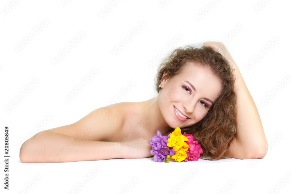 studio shot of beautiful woman with flowers studio shot of beautiful woman with flowers