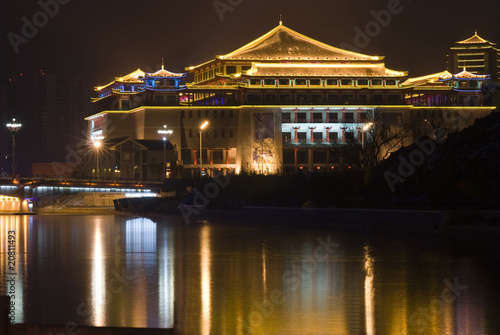 Ancient Chinese style Architecture with Neon Light at night