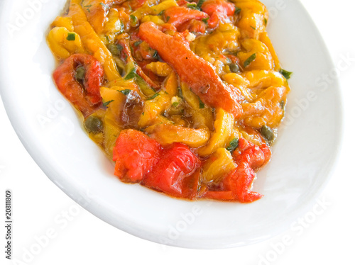 Roasted Bell Pepper Salad on white dish.