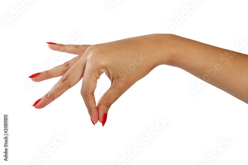 gesture female hand with red nail polish photo
