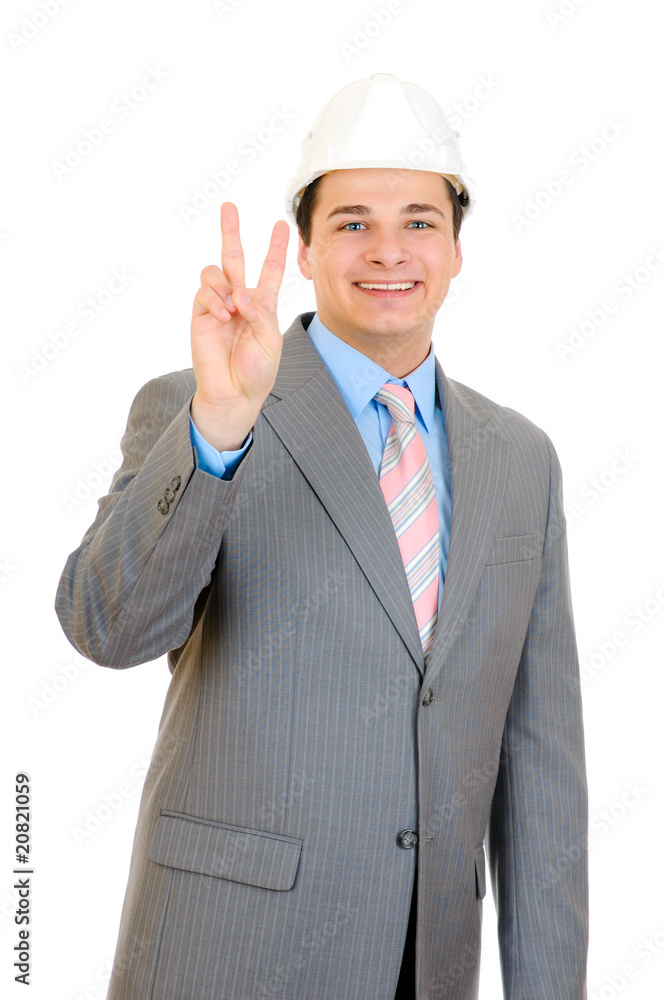 engineer showing Victory sign isolated on white background engineer showing Victory sign isolated on white background