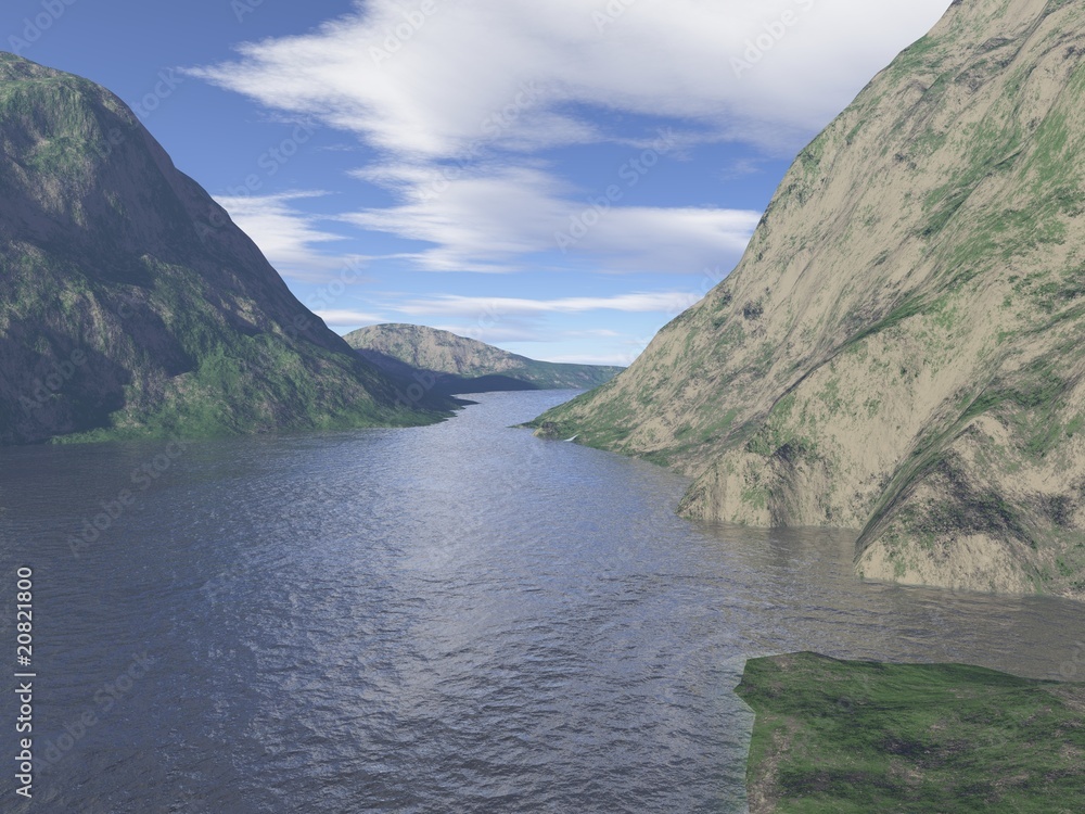 Computer generated mountain lake view