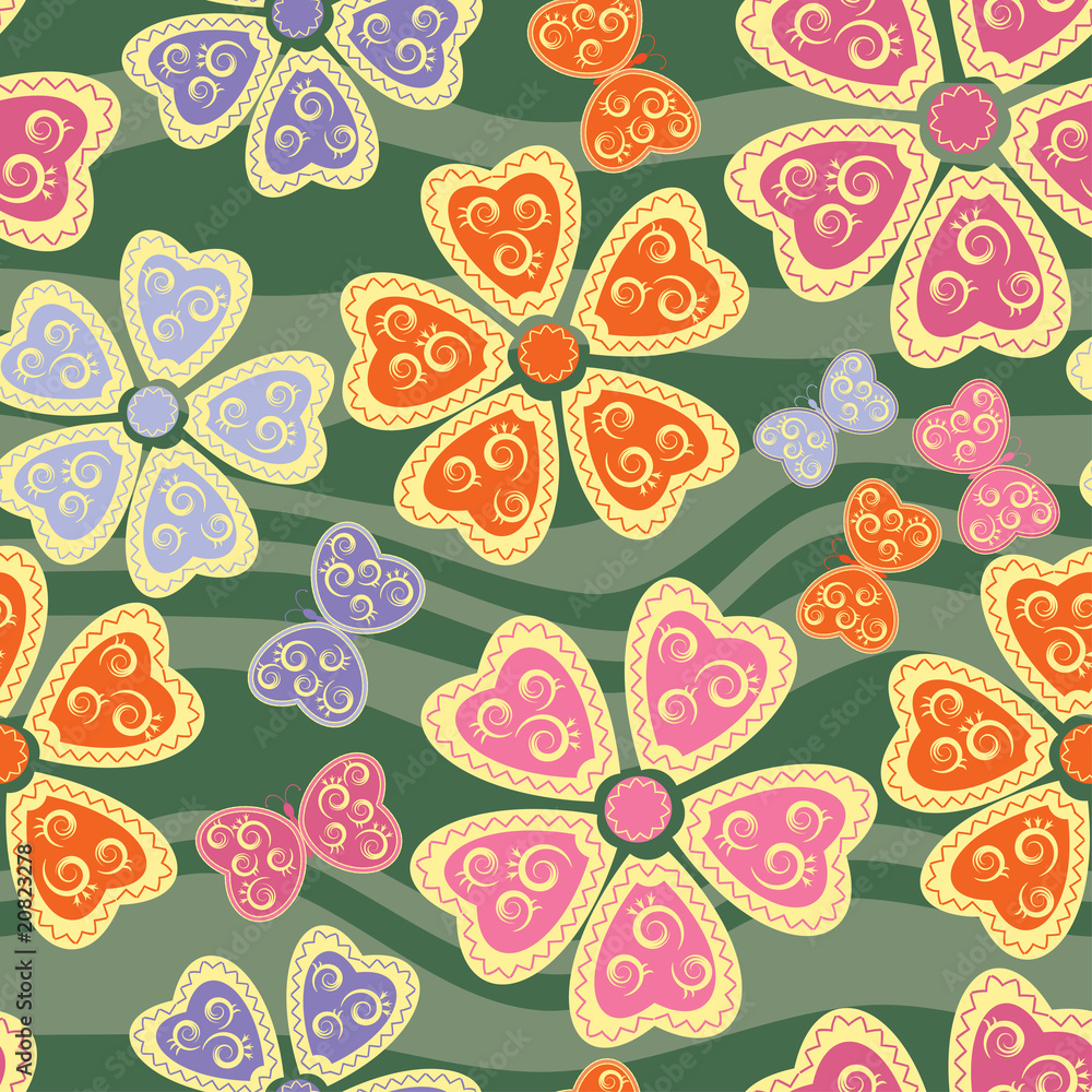 Fototapeta premium Seamless pattern with flowers and butterflies