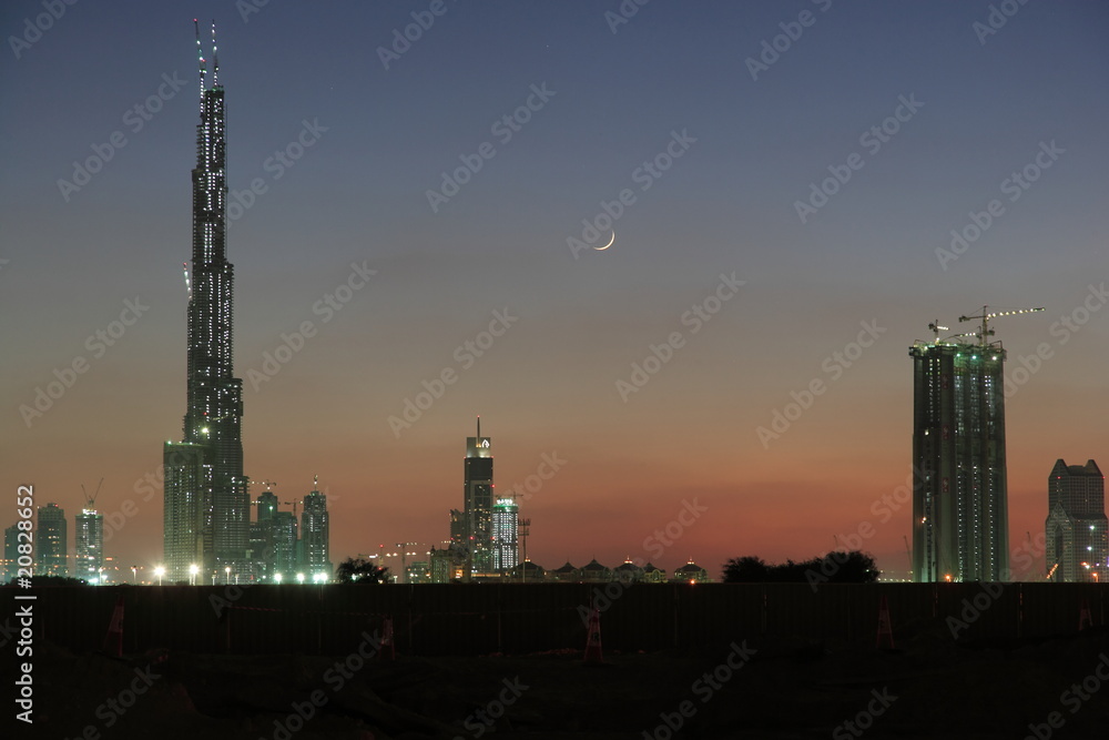 Fototapeta premium Construction site of worlds largest building at sunset.
