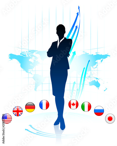 Businesswoman Leader on World Map with Flags