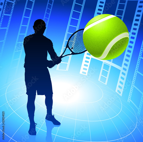 Tennis Player on Film Reel Background