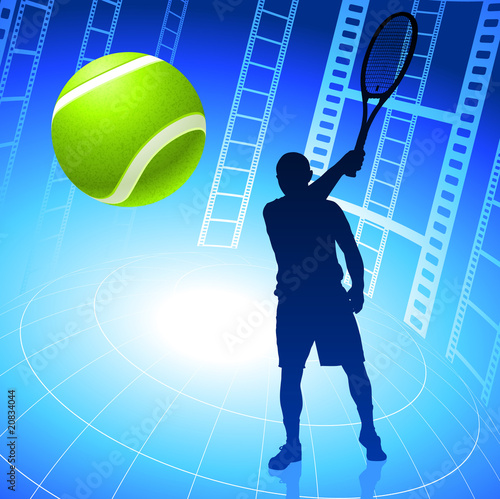 Tennis Player on Film Reel Background