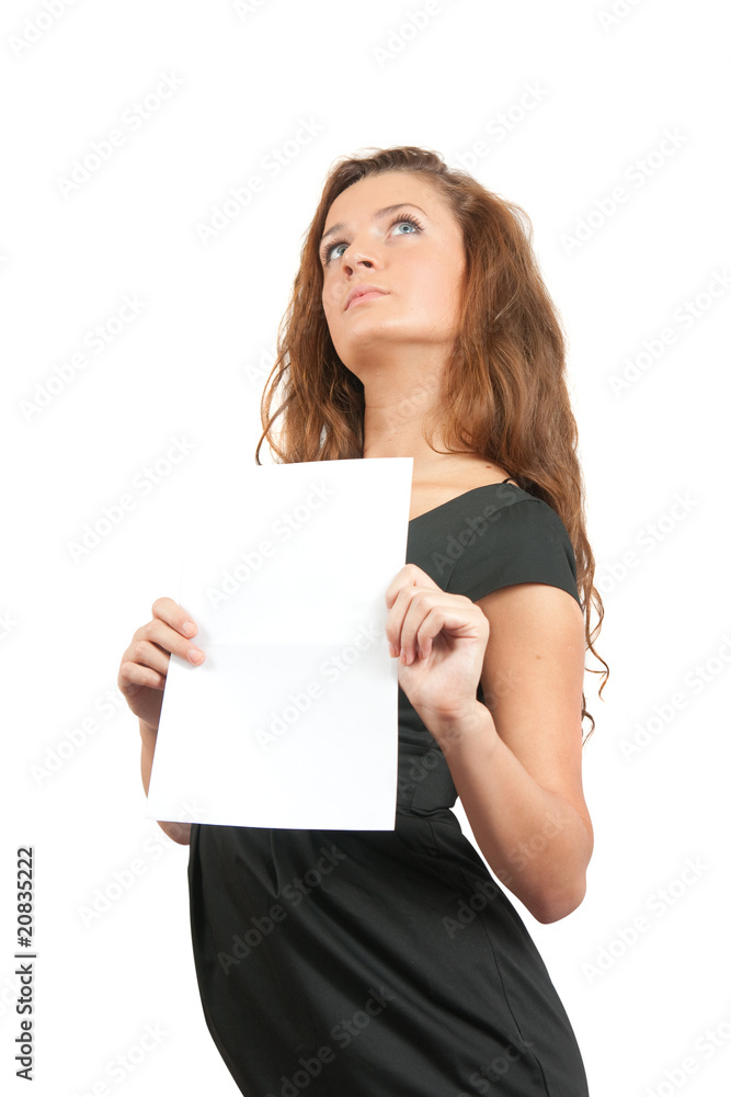 girl holds an empty poster girl holds an empty poster