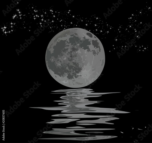 full moon, stars and its reflection